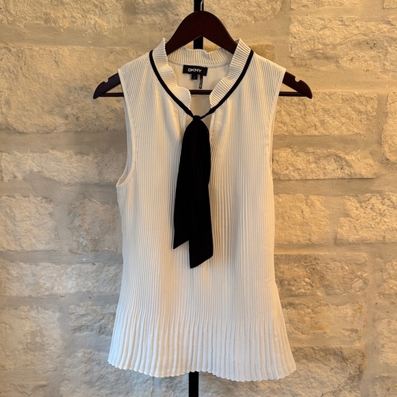 Dkny Tops - DKNY-White Pleated Sleeveless Top with Black Neck Tie Accent